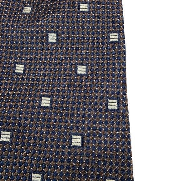 Faconnable Men's Tie Necktie‎ Designer Luxury Brown Blue Geometric France Silk - Picture 3 of 13